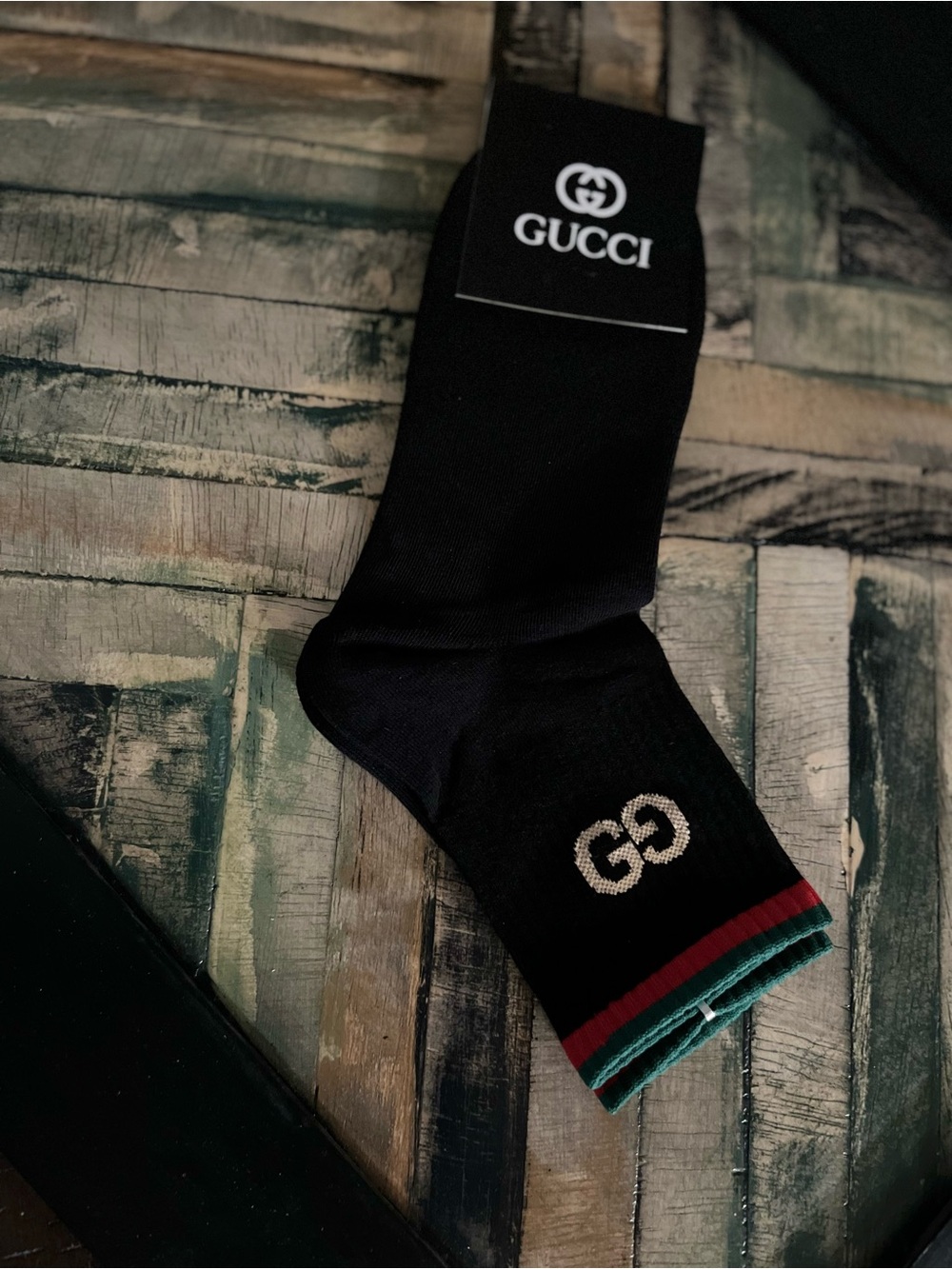 Gucci Black Crew Socks with Red and Green Signature Stripe